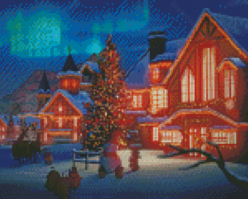 Christmas Snow Night With Aurora Lights Diamond Painting