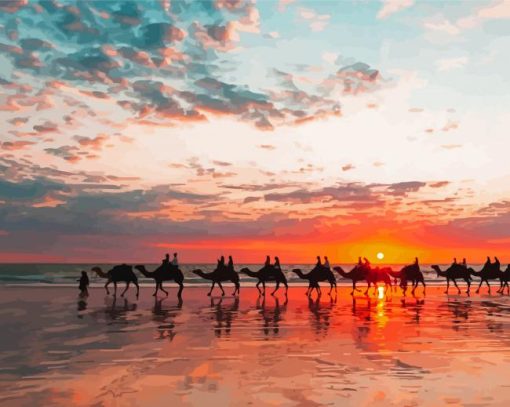 Camels At Broome Beach With Sunset View Diamond Painting