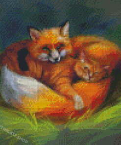 Sleepy Cat And Fox Diamond Painting