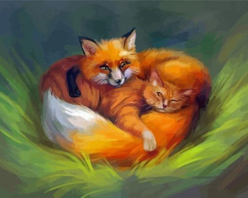 Sleepy Cat And Fox Diamond Painting