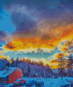 Snowshoe Village At Sunset Diamond Painting