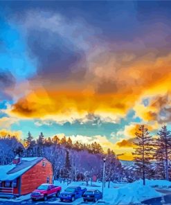 Snowshoe Village At Sunset Diamond Painting