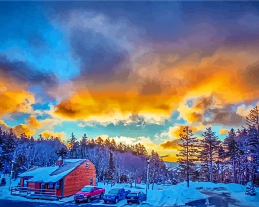 Snowshoe Village At Sunset Diamond Painting