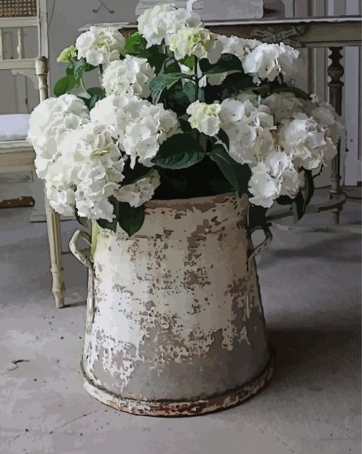 Vintage White Hydrangeas Pail Diamond Painting