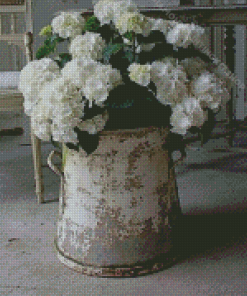 Vintage White Hydrangeas Pail Diamond Painting