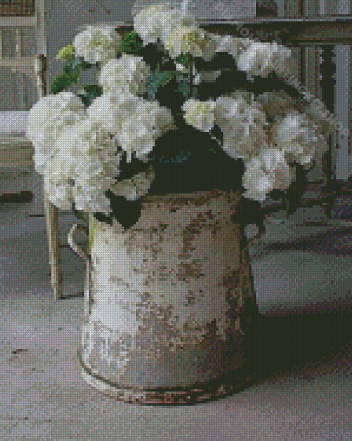 Vintage White Hydrangeas Pail Diamond Painting