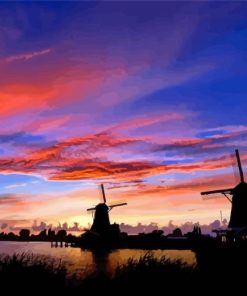 Zaanse Schans Sunset Windmills Silhouette Diamond Painting