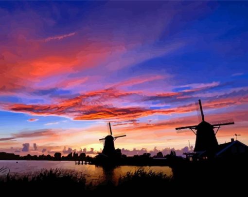 Zaanse Schans Sunset Windmills Silhouette Diamond Painting