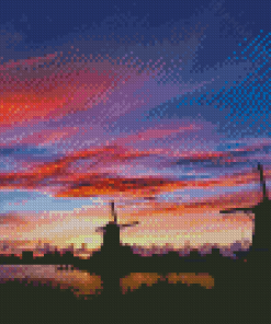 Zaanse Schans Sunset Windmills Silhouette Diamond Painting