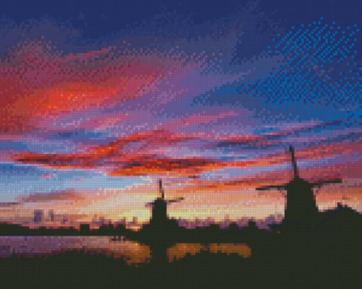 Zaanse Schans Sunset Windmills Silhouette Diamond Painting