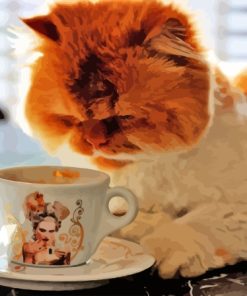 Fluffy Cat Animal Drinking Coffee Diamond Painting