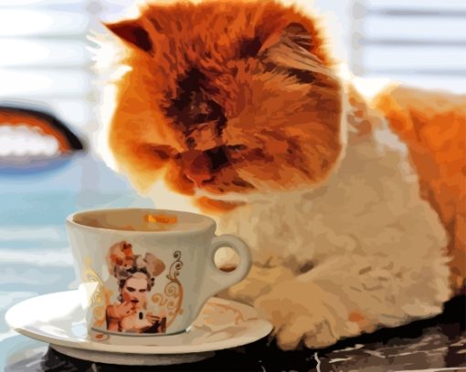 Fluffy Cat Animal Drinking Coffee Diamond Painting