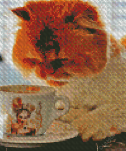 Fluffy Cat Animal Drinking Coffee Diamond Painting