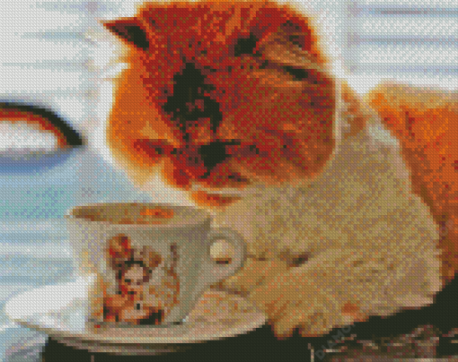 Fluffy Cat Animal Drinking Coffee Diamond Painting