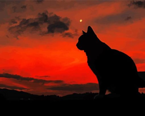 Lonely Cat Silhouette At Sunset Diamond Painting