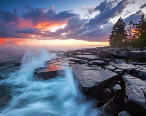 North Shore Rocks Minnesota Sunset Diamond Painting