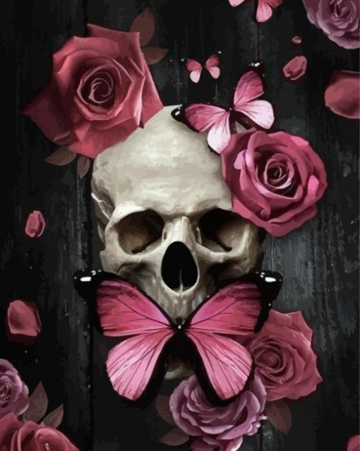 Pink Floral Skull And Butterfly Diamond Painting