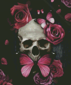 Pink Floral Skull And Butterfly Diamond Painting