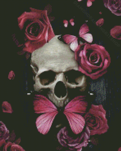 Pink Floral Skull And Butterfly Diamond Painting