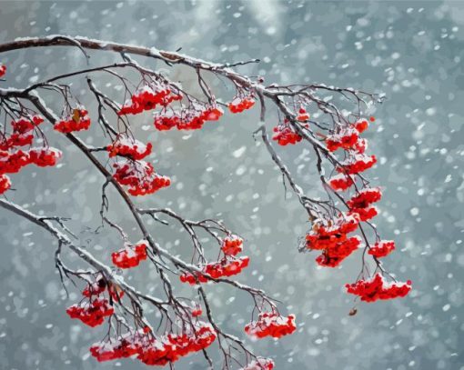 Rowan Berries In Snow Storm Diamond Painting