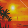 Beach Boat Palm Trees At Sunset Diamond Painting