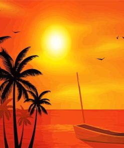 Beach Boat Palm Trees At Sunset Diamond Painting