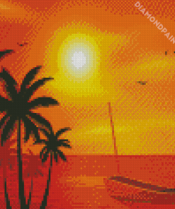 Beach Boat Palm Trees At Sunset Diamond Painting