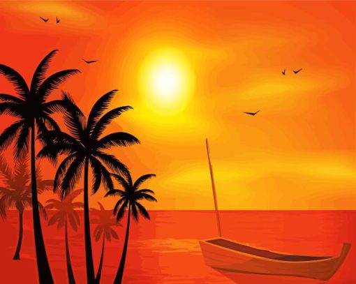 Beach Boat Palm Trees At Sunset Diamond Painting