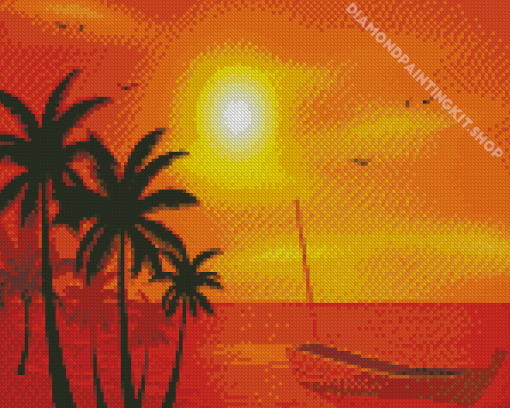 Beach Boat Palm Trees At Sunset Diamond Painting