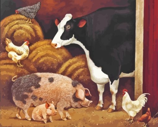 Cow And Pig With Chickens Diamond Painting