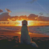 Dog In The Beach Sunset Diamond Painting