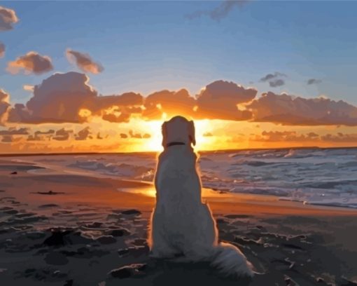 Dog In The Beach Sunset Diamond Painting