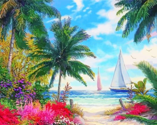 Ocean Palms And Flowers Diamond Painting