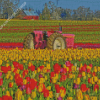 Pink Tractor In Tulips Meadow Diamond Painting