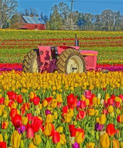 Pink Tractor In Tulips Meadow Diamond Painting