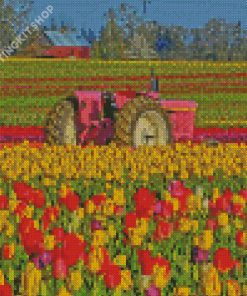 Pink Tractor In Tulips Meadow Diamond Painting