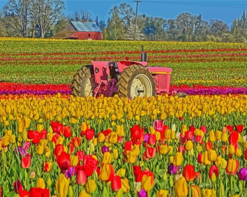 Pink Tractor In Tulips Meadow Diamond Painting