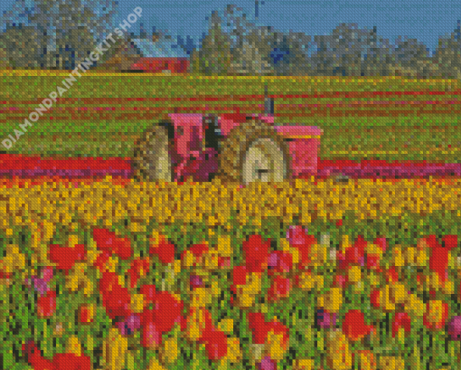 Pink Tractor In Tulips Meadow Diamond Painting