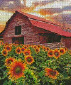 Sunflowers And Old Barn Diamond Painting