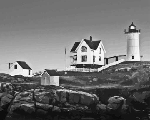 Black And White Nubble Lighthouse York Maine Diamond Painting