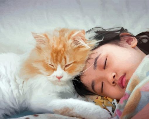 Cute Girl Sleeping With Cat Diamond Painting