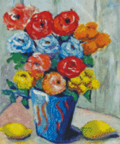 Colorful Flowers In Blue Vase With Lemons Diamond Painting