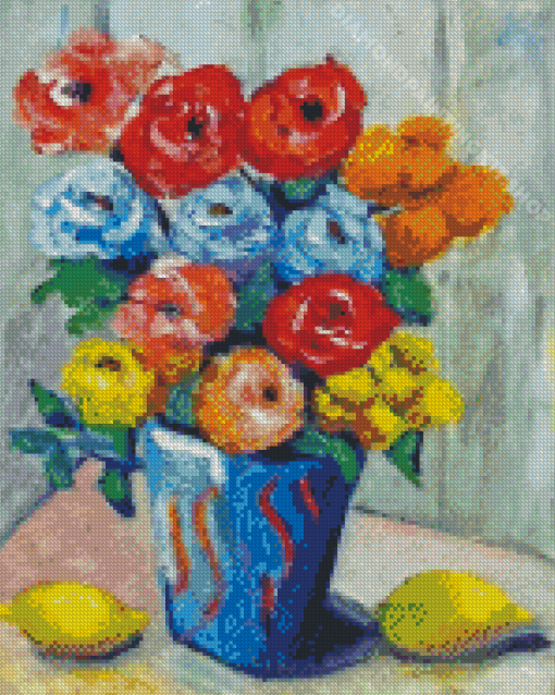 Colorful Flowers In Blue Vase With Lemons Diamond Painting