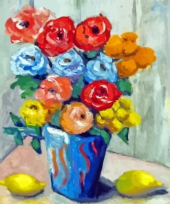 Colorful Flowers In Blue Vase With Lemons Diamond Painting