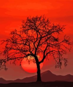 Landscape Red Sunset Tree Silhouette Diamond Painting