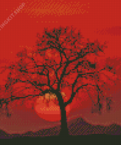 Landscape Red Sunset Tree Silhouette Diamond Painting