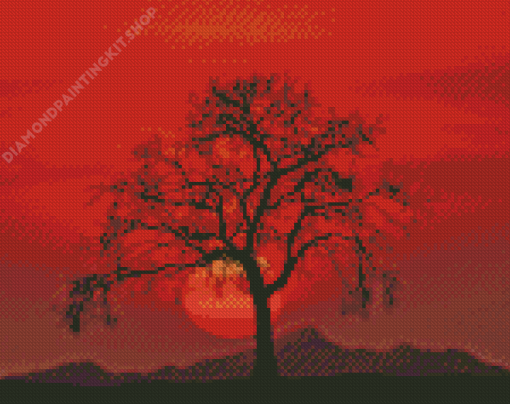 Landscape Red Sunset Tree Silhouette Diamond Painting