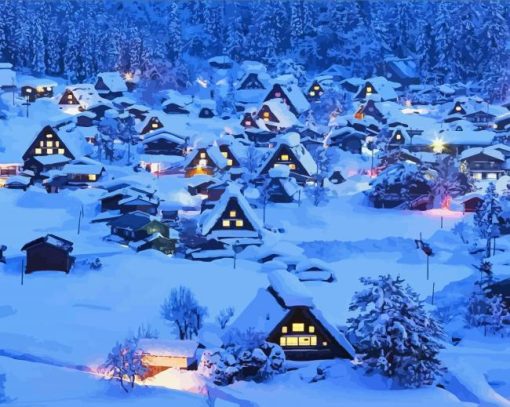 Night Snow In Japan Shirakawa Village Diamond Painting