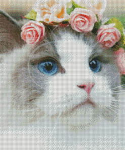 White Cat Floral Crown Diamond Painting