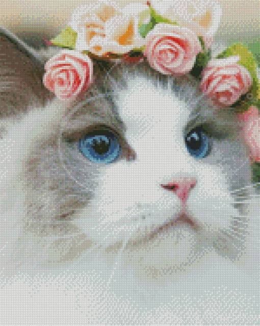 White Cat Floral Crown Diamond Painting